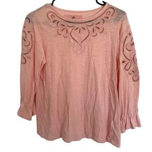 Cupio Women’s Eyelet Top Blouse 3/4 Sleeve Ruffle Cuff Pink Casual Size Small